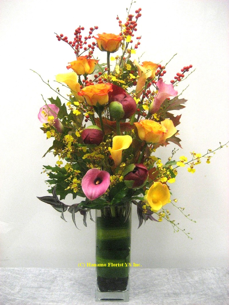 VASE033 Fall Colour Flower Arrangement in a Tall Vase